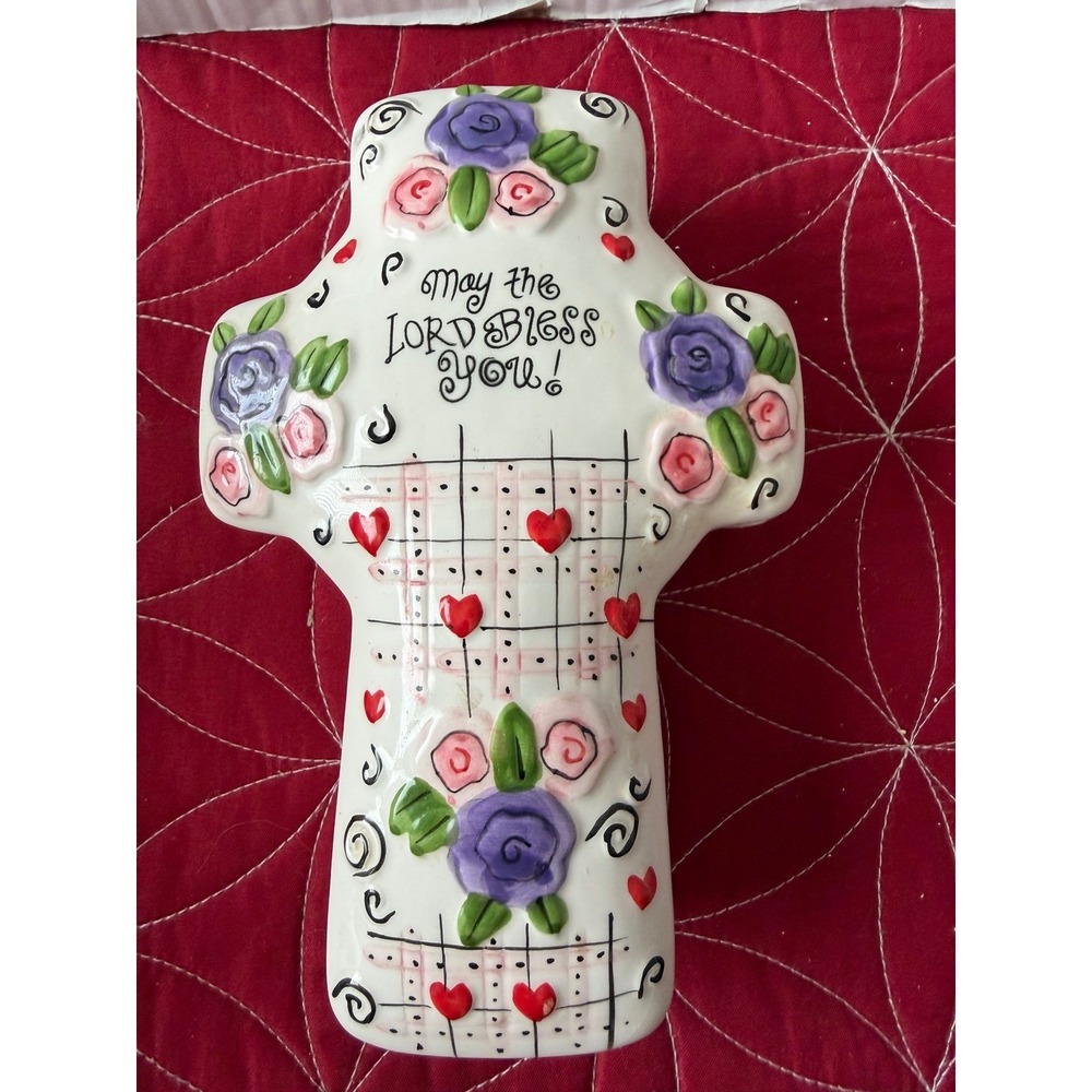 Ceramic Cross Trinket Box May the Lord Blessโ You Religious Christian 8"